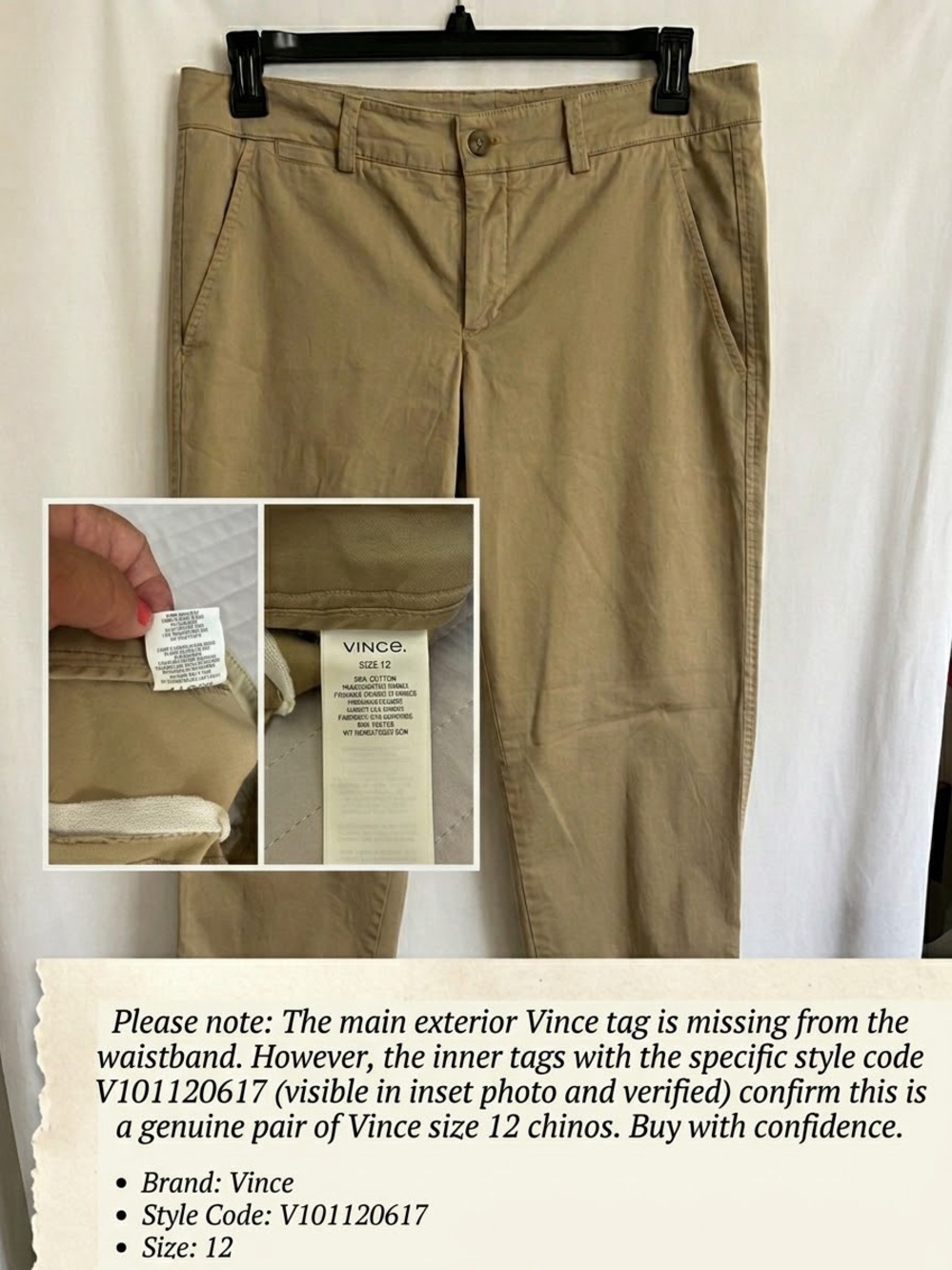 Vince Tan Khaki Chino Pants Size 12 98% Cotton / 2% Spandex